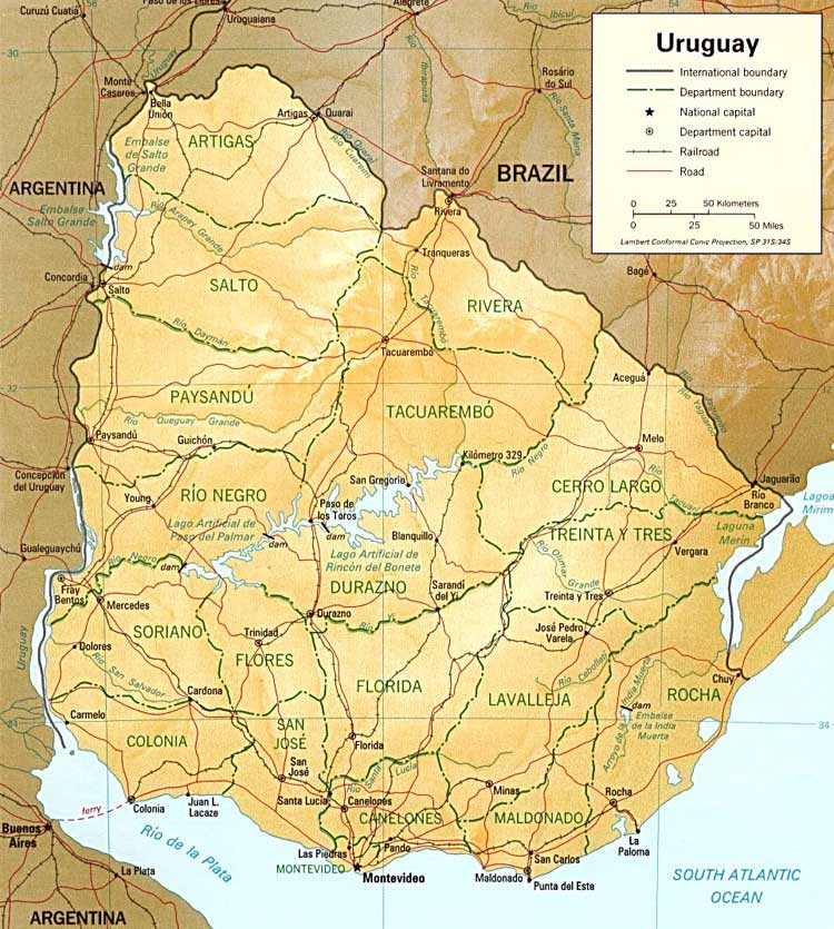Carte du relief de l'Uruguay